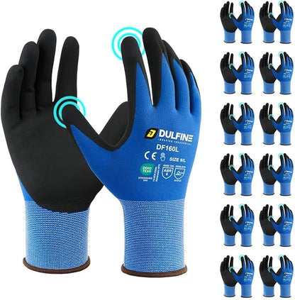 Safety Work Gloves MicroFoam Nitrile Coated-12 Pairs Pack,Blue Seamless Knit Nylon Glove with Black Micro-Foam Nitrile Grip,Ideal for General Purpose,Automotive,Home Improvement,Painting(Large)