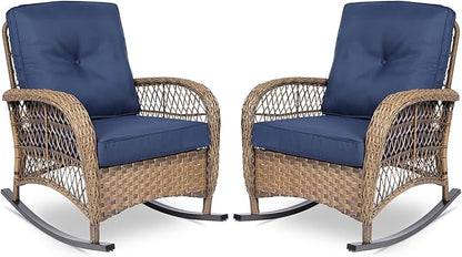 VIVIJASON 2 Piece Patio Wicker Rattan Rocker Chair, Outdoor Rattan Rocker Chair with Cushions & Steel Frame, All-Weather Rocking Lawn Wicker Furniture for Garden Backyard Porch (Navy Blue)