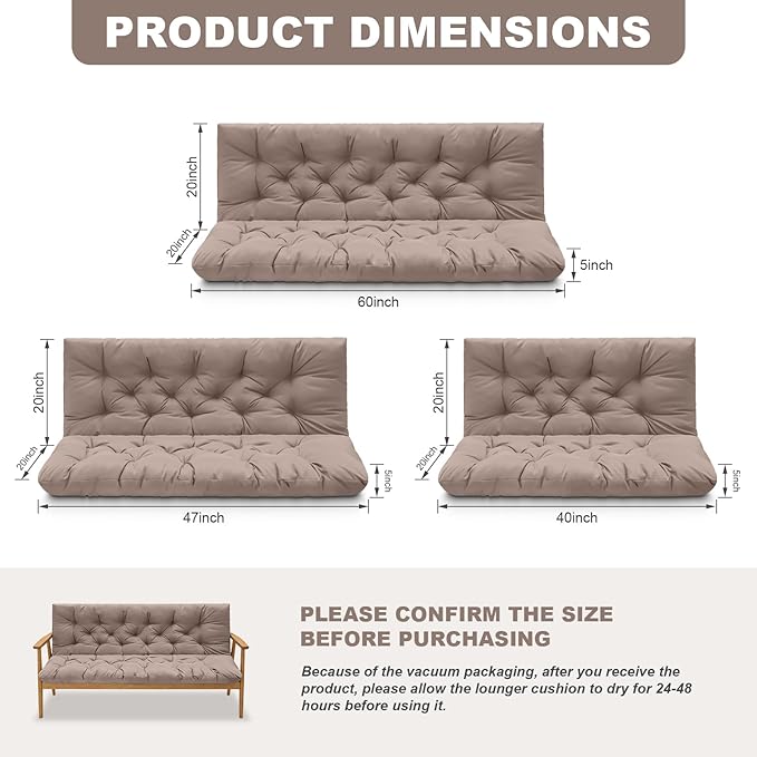Porch Swing Cushions,Outdoor Cushions 3 Seater Replacement with Backrest, Waterproof Thickened Bench Cushion with Ties for Porch, Patio,Outdoor, Backyard and Garden (Khaki 40 * 40 in)