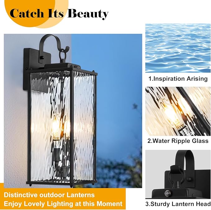 Dusk to Dawn Sensor Outdoor Light 18 Inch, Large 2-Light Bulb Outdoor Sconce Light Photocell Sensor Water Ripple Glass IP65 Waterproof Exterior Wall Lantern Lamp, E12