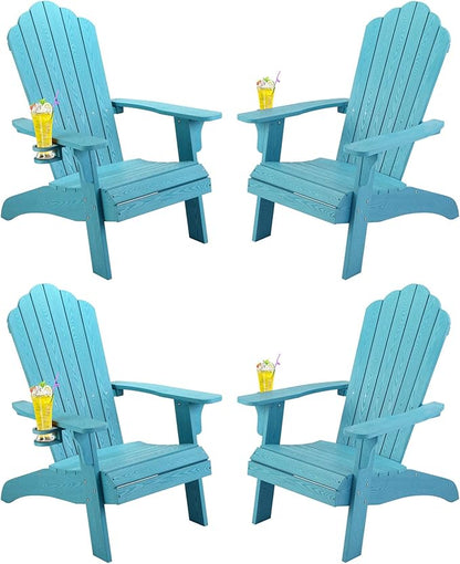 hOmeHua Oversized Adirondack Chairs Set of 4, HIPS Adirondack Chairs Weather Resistant with Cup Holder, Plastic Outdoor Chair for Patio, Backyard Deck, Fire Pit Lawn Porch (Lake Blue)