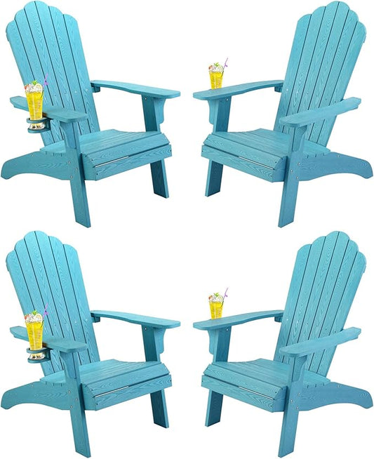 hOmeHua Oversized Adirondack Chairs Set of 4, HIPS Adirondack Chairs Weather Resistant with Cup Holder, Plastic Outdoor Chair for Patio, Backyard Deck, Fire Pit Lawn Porch (Lake Blue)