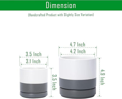 D'vine Dev 3.5 Inch & 4.7 Inch Ceramic Planter Pots for Plants with Drainage Hole and Saucer, X-Small Plant Pots Set, White/Speckled Grey, 94-G-XS-6