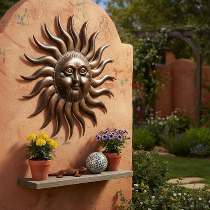 Comfy Hour 31" Sun Wall Decor, Large Metal Sun Wall Art for Outdoor Patio and Indoor Living Room, 3D Decorative Sunface Sculpture for Fence House and Yard, Artisan Crafted Iron Accent, Bronze Finish