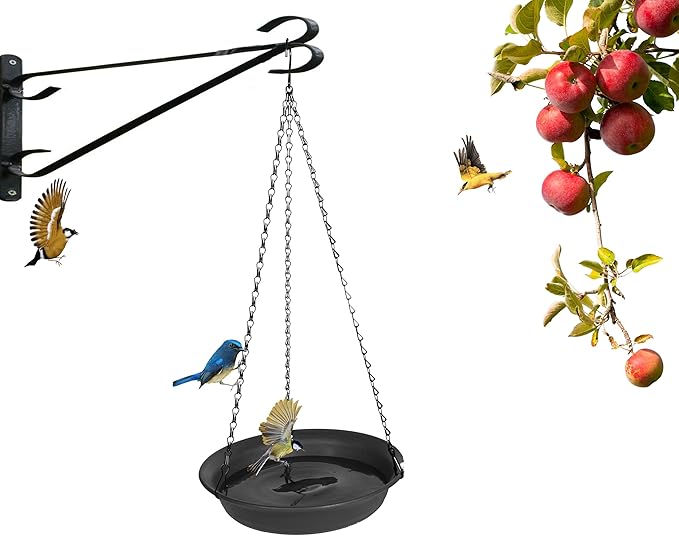 VUWEZ Hanging Bird Bath, Hanging Bird Water Feeder for Outdoors, Feeder Bowl, 1 Pack Birdbath Tray Accessories for Outside, Plastic Birdbaths Tray for Garden Patio Decoration (12", Dark Black)