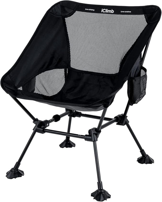 iClimb Ultralight Compact Camping Folding Beach Chair with Anti-Sinking Large Feet and Back Support Webbing (Black - Square Frame)