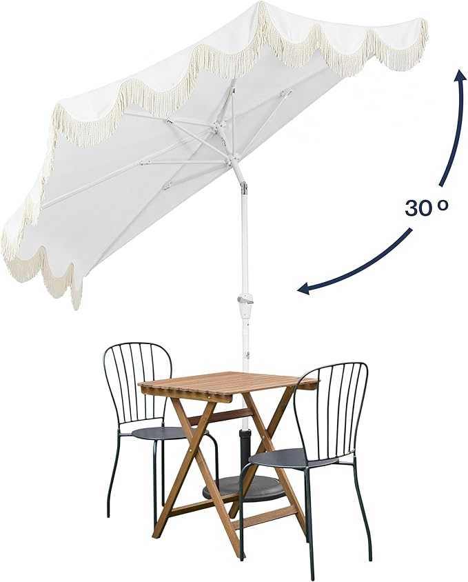 JONATHAN Y Half Umbrella UMB1201K Beverly 9 ft. Designer Classic Scalloped Fringe Market Patio with Crank, Tilt Button and UV Protection in Cream/White, White Pole