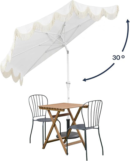 JONATHAN Y Half Umbrella UMB1201K Beverly 9 ft. Designer Classic Scalloped Fringe Market Patio with Crank, Tilt Button and UV Protection in Cream/White, White Pole