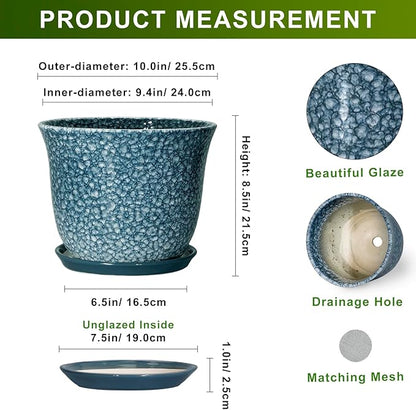 10 Inch Plant Pot - Ceramic Planter for Indoor Outdoor, Round Flower Pots with Drainage Hole and Saucer, Modern Decorative Planter for Plants, Home Office Decor, Plant Lover Gifts, Blue