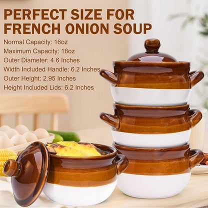 Vumdua French Onion Soup Bowls with Lids and Handles, 16 oz Ceramic French Onion Soup Crocks for Chilli, Cereal, Cereal, Pot Pies, Oven, Broil & Dishwasher Safe, Set of 4