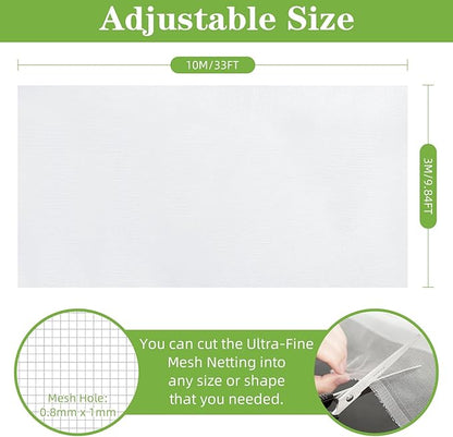 10 x 33FT Garden Mesh Netting, Ultra Fine Mesh Protection Netting Plant Covers Greenhouse Row Cover Raised Bed Screen Barrier Net for Vegetable Fruits Flowers Trees Crops, White