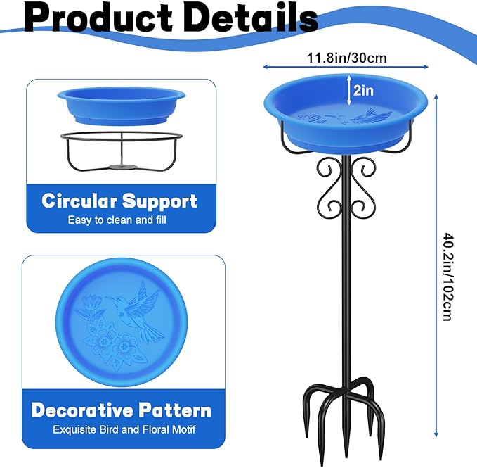 40in Freestanding Bird Bath for Outdoors, Rustproof 5-Prong Metal Stake with Removable Plastic Bowl, Easy Clean Birdbath for Garden Patio Yard Decor (Blue)