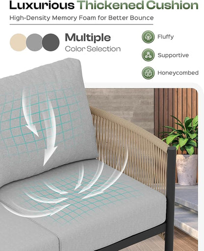 Aluminum Outdoor Sofa Armchair, HDPE Rope Patio Couch with Washable Thick Cushion, All-Weather Outdoor Patio Chairs Set of 2 for Balcony, Yard, Gray Frame, Gray