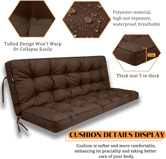 Swing Replacement Seat Cushions, 2-3 Seater Bench Cushions for Outdoor Furnitur with Backrest, Garden Recliner Seat Cushions Waterproof Sofa Pads (Brown, 55x40in)