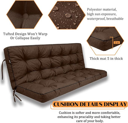 Swing Replacement Seat Cushions, 2-3 Seater Bench Cushions for Outdoor Furnitur with Backrest, Garden Recliner Seat Cushions Waterproof Sofa Pads (Brown, 55x40in)