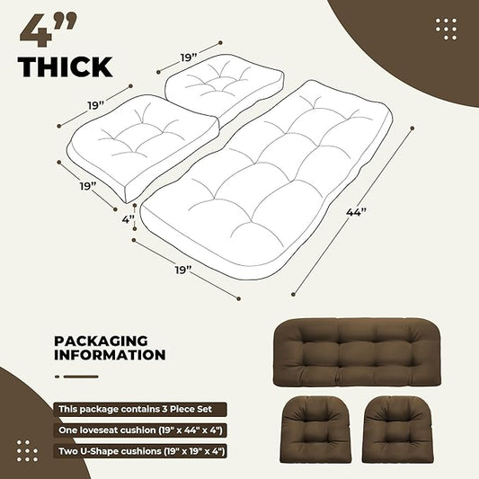 DANGHOOGY Wicker Chair Cushions, Waterproof Outdoor Loveseat Cushions for Patio Furniture, Tufted Wicker Furniture Cushions, 1 Loveseat and 2 U-Shaped Cushions, Brown