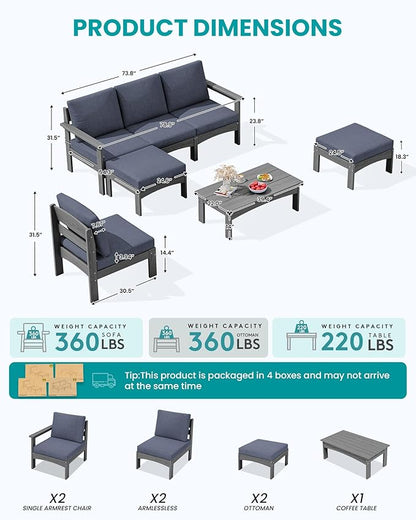 SERWALL 7-Piece Patio Sofa Set with 15FT Double Side Patio Umbrella, Outdoor Furniture Set, All-Weather HDPE Sectional Conversation Set, Large Modular Sofas for Garden, Grey Frame with Grey Cushion