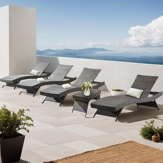PE Rattan Adjustable Backrest Chaise Lounge Set 4 with 1 Side Table, Outdoor Pool Recliner Patio Chairs Lounge Chair Set 4 with 1 Coffee Table for Outside Beach Poolside Sunbathing