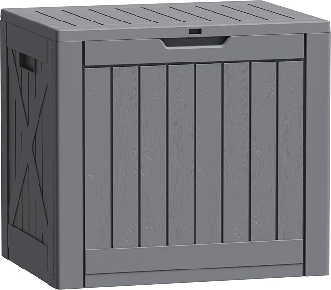 Flamaker Resin Deck Box 40 Gallon Waterproof Outdoor Indoor Storage Box Imitation Wood Resin for Patio Furniture Garden Tools and Pool (Gray)