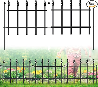 Decorative Metal Garden Fence 11in H x 6ft L, Small Border Fence Roman Column Deco, Garden Fencing for Flower Bed Lawn Landscape Outdoor, 5 Panels + 6 Stakes Black