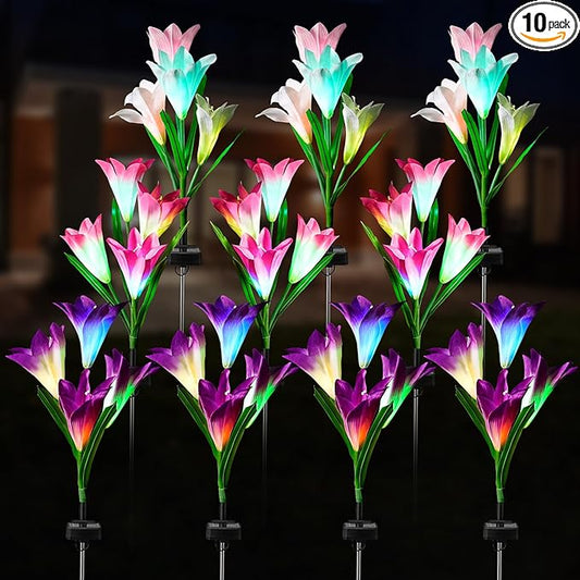 10 Pack Solar Garden Lights Outdoor, 7 Color Changing LED Waterproof Solar Powered Lily Flowers Landscape Lights for Outside Yard, Patio, Pathway Decorative, Décor