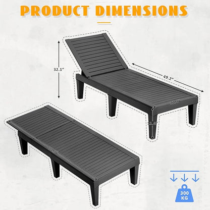 Outdoor Lounge Chairs Set of 2, 5-Position Adjustable Tanning Chairs with Wood Grain, All-Weather Resin Patio Recliners for Pool, Garden, Deck, Beach, Patio Lounge Chairs, Texture Black