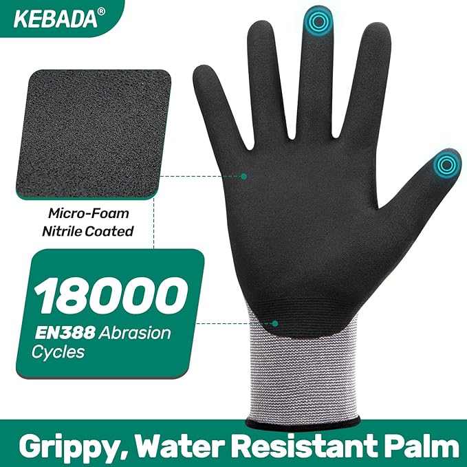 Kebada W2 Work Gloves for Men and Women, Nitrile Coated Working Gloves for Gardening, Construction, Warehouse, Safety Gloves for Work in Yard and Outdoors, 6 Pairs, XXL