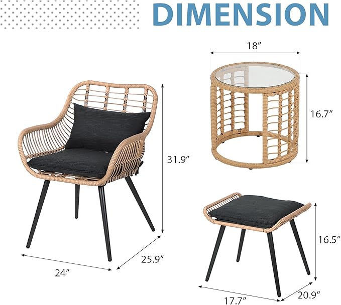 JOIVI 5 Piece Wicker Patio Furniture Set, Rattan Outdoor Bistro Set with 2 Ottomans and Coffee Side Table, Small Patio Conversation Set for Balcony, Front Porch, Garden, Backyard, Black
