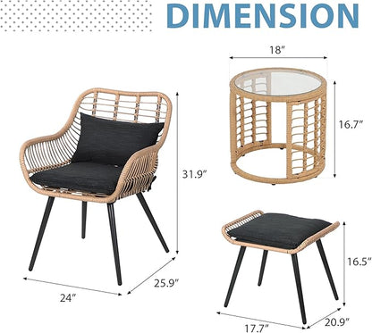 JOIVI 5 Piece Wicker Patio Furniture Set, Rattan Outdoor Bistro Set with 2 Ottomans and Coffee Side Table, Small Patio Conversation Set for Balcony, Front Porch, Garden, Backyard, Black