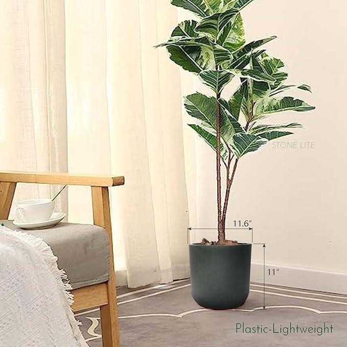 11" H Modern Cylinder Planter, Lightweight Weather & UV Resistant Plastic Plant Pot with Drainage Hole & Rubber Plug, Indoor Outdoor Flower Pot for Home, Garden & Office, Coal Black, 10.4" Pot Opening
