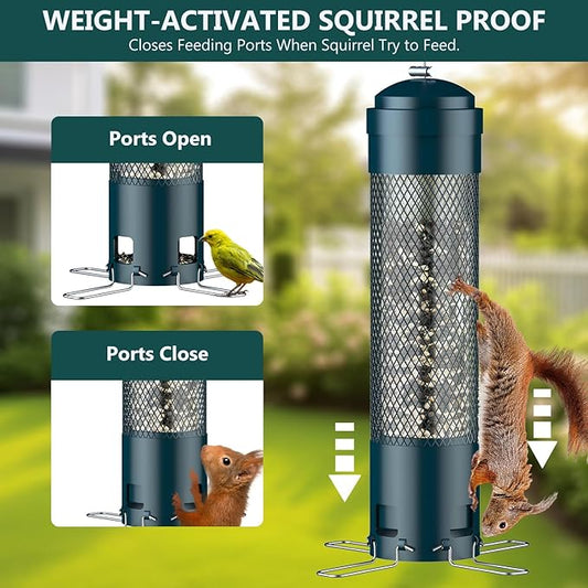 LCSEVEN Bird Feeders for Outdoors Squirrel Proof with Weight-Activated Perches, Hanging Bird Feeder for Outside, Metal Feeder for Wild Cardinal, Finch, Blue Jay, Chickadee, 3LB Seed Capacity, Green