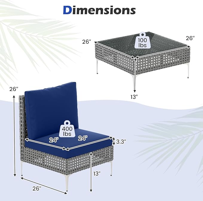 Tangkula 3 Pieces Patio Furniture Set, PE Rattan Conversation Chairs with Tempered Glass Coffee Table, Soft Back & Seat Cushions, Heavy Duty Metal Frame, Outdoor Bistro Set for Garden & Pool (Navy)