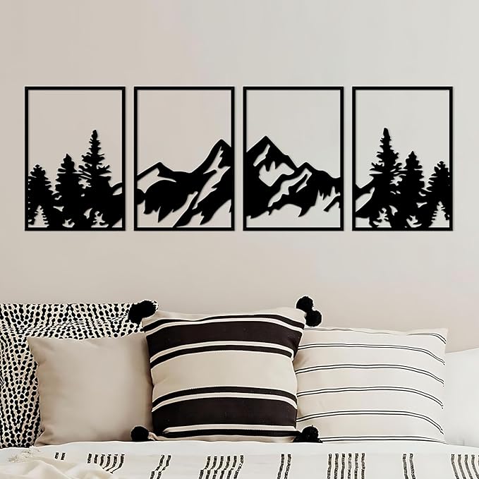 ESTART 4 Pcs Metal Wall Art, Large Mountains Wall Decor, Art Wall Décor Suitable For Living Room Dining Room Bedroom Office Indoor And Outdoor (Mountain Forest)