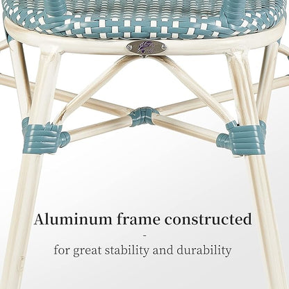 PURPLE LEAF Dining Chair Set of 2 Outdoor French Bistro Chairs Hand-Woven Aluminum Wicker Rattan Armchair for Garden Kitchen Backyard Porch White Print Finish Patio Chairs Light Blue