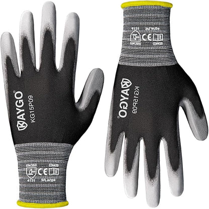 KAYGO Work Gloves PU Coated 12 Pairs, KG15P,Nylon Liner with Flexible Polyurethane Coating,Safety Work Gloves for DIY, Assembly, Warehouse, Light Duty Work (Large, Black)