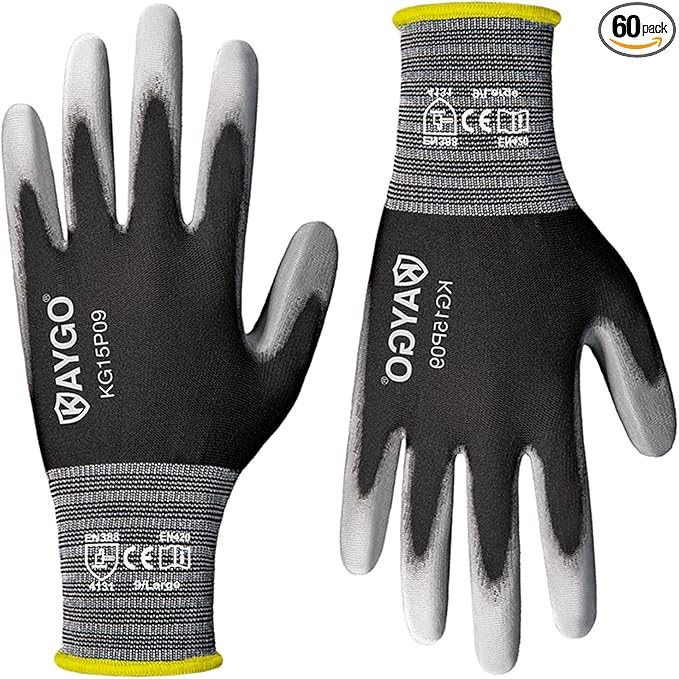 KAYGO Work Gloves PU Coated-60 Pairs, KG15P,Nylon Lite Polyurethane Safety Work Gloves, Gray Polyurethane Coated, Knit Wrist Cuff,Ideal for Light Duty Work(L (60Pairs), Black)