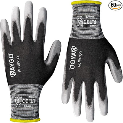 KAYGO Work Gloves PU Coated-60 Pairs, KG15P,Nylon Lite Polyurethane Safety Work Gloves, Gray Polyurethane Coated, Knit Wrist Cuff,Ideal for Light Duty Work(L (60Pairs), Black)
