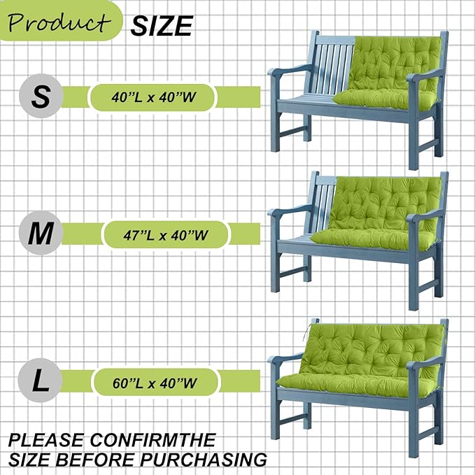 Replacement Cushion for Swings, Waterproof Porch Swing Cushion, 2-3 Seat Replacement Swing Seat Cushions with Backrest and Ties for Patio Backyard Porch Garden(Grass Green 40 * 60 in)