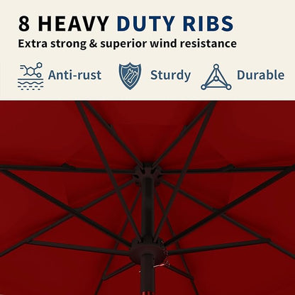 9FT 3 Tiers Patio Umbrella With Auto Tilt And Crank, Outdoor Table Market Umbrella with 8 Sturdy Ribs for Garden, Lawn, Deck, Backyard and Pool (Red)