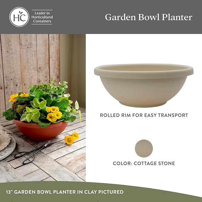 The HC Companies 20 Inch Shallow Garden Bowl Plant Pot w/Drainage, Lightweight UV-Resistant Plastic Planters for Succulents, Herbs & More, 2-Pack Planters for Indoor Outdoor Home Decor, Cottage Stone