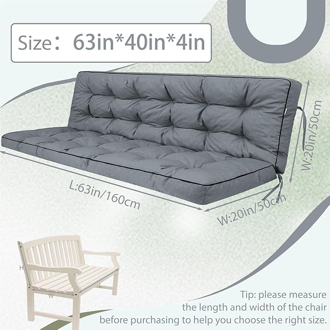 2/3 Seater Swing Replacement Cushion, Waterproof Porch Swing Cushions with Backrest, Thickened Bench Cushions for Outdoor Furniture, for Outdoor Patio Swing (Light Grey, 63 * 40in)