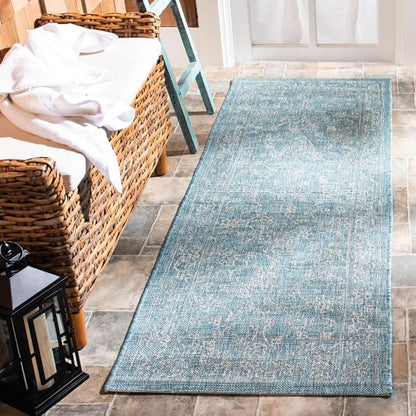SAFAVIEH Washable Rug Outdoor Courtyard Collection - 2'3" x 6'7" Runner, Aqua Blue & Grey, Non-Shedding & Easy Cleaning, Ideal for Patio, Entryway, Mudroom, Hallway, Kitchen (CY8680-37121)