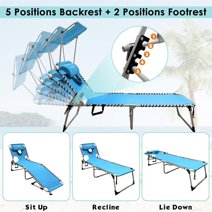 Outdoor Tanning Chair with Sun Canopy Shade & Face Hole, Folding Lounge Chair with Beach Table and Carry Bag for Poolside Sunbathing Lawn