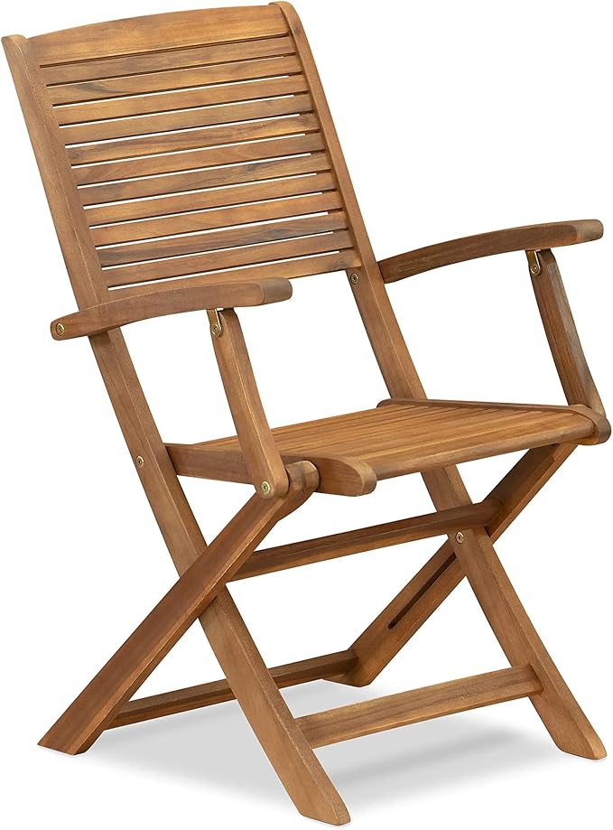 East West Furniture SEHD3CANA 3 Piece Patio Bistro Sets Wood Table Set Contains a Square Outdoor Acacia Wood Coffee Table and 2 Folding Arm Chairs, 26x26 Inch, Natural Oil