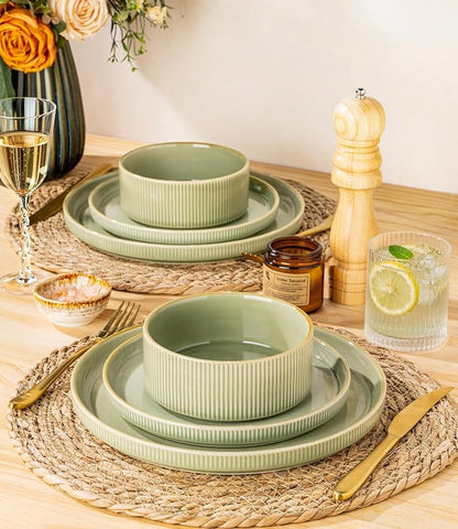 TheTerra Ceramic Dinnerware Sets for 4, 12 Pieces Porcelain Lightweight Plates and Bowls Sets, Scratch Resistant Dish Set, Oven & Microwave & Dishwasher Safe, Duck Egg Green