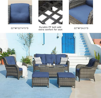 Rilyson Outdoor Patio Wicker Furniture Set - 5 Piece Rattan Patio Conversation Sectional Sofa Set with 1 Couch,2 Armchairs,2 Ottomans for Porch Deck Garden(Mixed Grey/Blue)