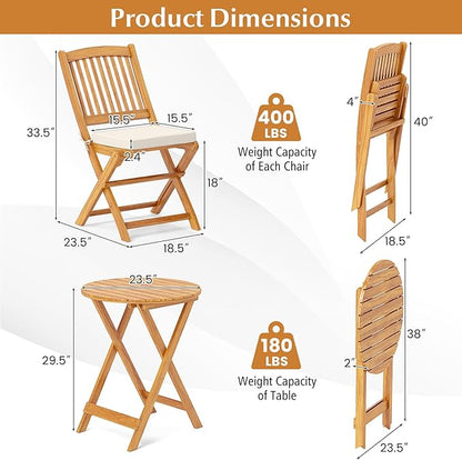 Tangkula 3 Pieces Acacia Wood Patio Folding Bistro Set, Outdoor Table and Chairs Set with Soft Cushions, Patio Furniture Set for Porch, Balcony, Garden, Deck and Backyard