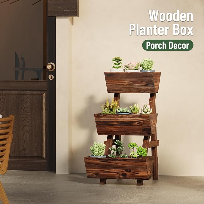 Vertical Wooden Raised Garden Bed, Garden Planters Freestanding Wood Plant Stand Flower Rack Wooden Planter Box for Plants Herbs Flowers Vegetables Outdoor Indoor Gardening (3-Tier Small Carbonized)
