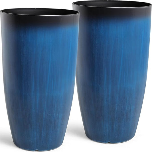 23.75" Round Tall Planters, 2-Pack Large Flower Pots for Indoor Outdoor Plants, UV-Protect PP Container for Garden Patio Yard Balcony Porch or Home Decor, Artistic Floating Cobalt Blue Glaze