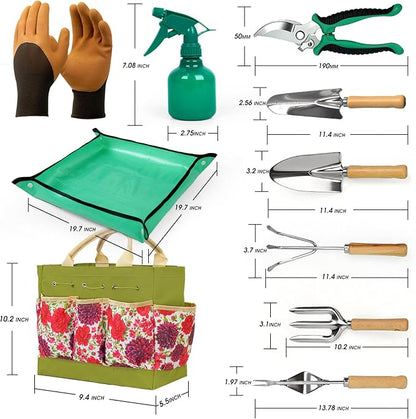 Garden Tool Set, 10 PCS Gardening Essentials, Stainless Steel Garden Hand Tools with Tote Bag, Well-Designed Gardening Supplies Kit Gifts for Women Men Gardeners